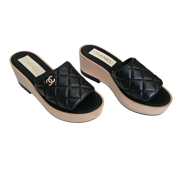 Chanel CC Wood Platform Sandal Slide Mule Size 39 US 8 8.5 Quilted Black Leather - Picture 1 of 15